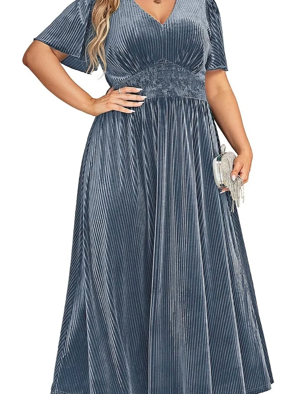 Plus Size Slate Blue Velvet V-Neck Maxi Dress
